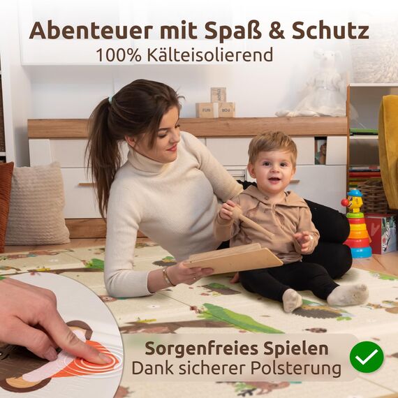 Mallie® Spielmatte Baby Faltbar inkl. Gratis Tragetasche 180x150x1cm [100% BPA- und Schadstoff-Frei] Doppelseitige Krabbelmatte Baby, Krabbeldecke Baby I Baby Play Mat, Spielmatte Baby Faltbar