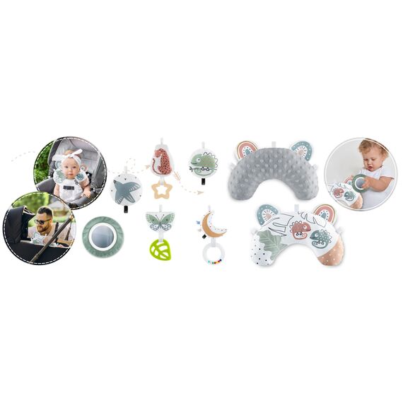 Nukido Spielbogen Baby Interaktiv - 5in1 Krabbeldecke Spielmatte - Krabbelmatte Laufstall Babynestchen für Neugeborene mit Bauchzeit-Kissen - 2 Bögen mit 7 Sensorik-Spielzeugen - Braun