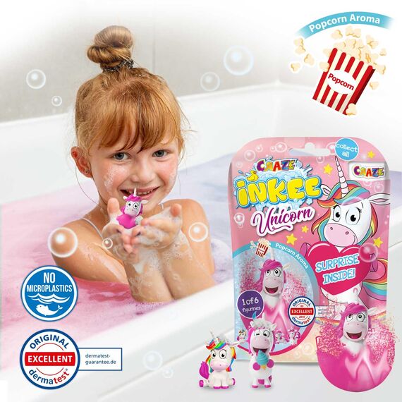 INKEE Unicorn | 8er Set Badebomben Kinder mit Überraschung, Badekugeln 8X 100g mit Einhornfiguren, Pop-Corn Duft