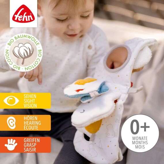Fehn Soft Bilderbuch Elefant – Fühlbuch mit Bio Baumwolle Stoff mit Tier Motiven - Stoffbuch Spielzeug zum Aufhängen für Kinderwagen und Babyschale – Knisterbuch für Babys und Kinder ab 0 Monaten