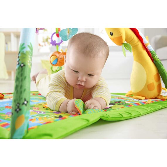 Fisher-Price Rainforest Erlebnisdecke, Krabbeldecke für Baby mit Spielbogen, Dschungel Spieldecke mit Musik und Licht, Babyspielzeug, für Neugeborene, ab Geburt, GXC35