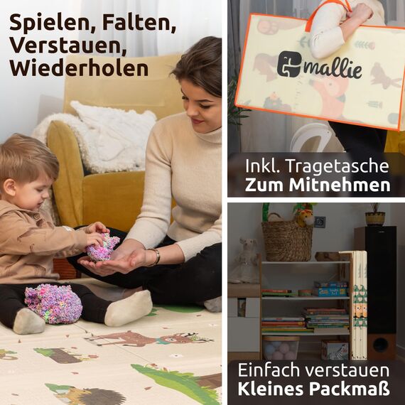 Mallie® Spielmatte Baby Faltbar inkl. Gratis Tragetasche 180x150x1cm [100% BPA- und Schadstoff-Frei] Doppelseitige Krabbelmatte Baby, Krabbeldecke Baby I Baby Play Mat, Spielmatte Baby Faltbar