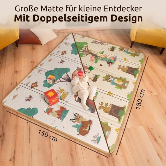 Mallie® Spielmatte Baby Faltbar inkl. Gratis Tragetasche 180x150x1cm [100% BPA- und Schadstoff-Frei] Doppelseitige Krabbelmatte Baby, Krabbeldecke Baby I Baby Play Mat, Spielmatte Baby Faltbar