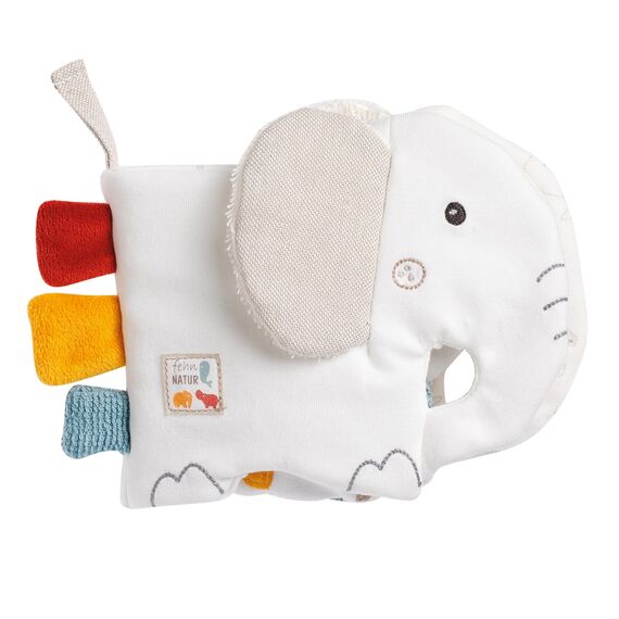 Fehn Soft Bilderbuch Elefant – Fühlbuch mit Bio Baumwolle Stoff mit Tier Motiven - Stoffbuch Spielzeug zum Aufhängen für Kinderwagen und Babyschale – Knisterbuch für Babys und Kinder ab 0 Monaten
