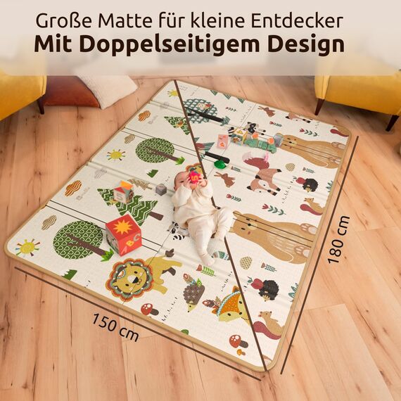 Mallie® Spielmatte Baby Faltbar inkl. Gratis Tragetasche 180x150x1cm [100% BPA- und Schadstoff-Frei] Doppelseitige Krabbelmatte Baby, Krabbeldecke Baby I Baby Play Mat, Spielmatte Baby Faltbar