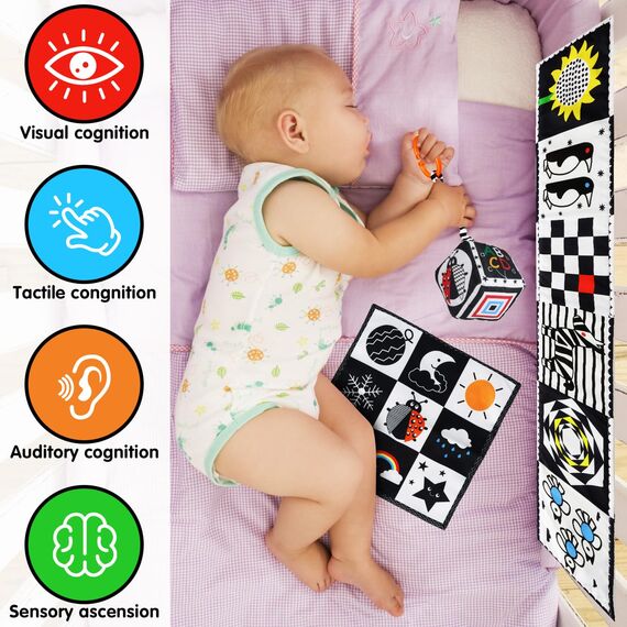 Jiosdo Baby Spielzeug 0-3 Monate, Kontrast Spielzeug Baby Stoffbuch Knistertuch Würfel, Kontrastbuch Schwarz Weiß, Black & White Kinderwagen Spielzeug Geschenksets Babyspielzeug 0 3 6 12 Monate(3PCS)