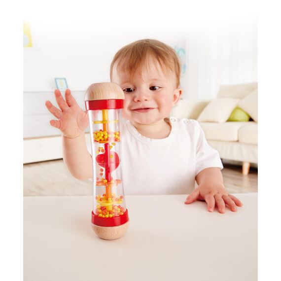 Hape Regenmacher - rot, Musikspielzeug zur ersten Sinneswahrnehmung, Babyspielzeug, Mini-Rassel aus Holz, Klangspielzeug zur Sinnesförderung und Motorik, Montessori Spielzeug, ab Geburt