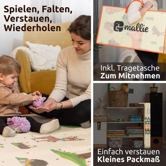 Mallie® Spielmatte Baby Faltbar inkl. Gratis Tragetasche 180x150x1cm [100% BPA- und Schadstoff-Frei] Doppelseitige Krabbelmatte Baby, Krabbeldecke Baby I Baby Play Mat, Spielmatte Baby Faltbar