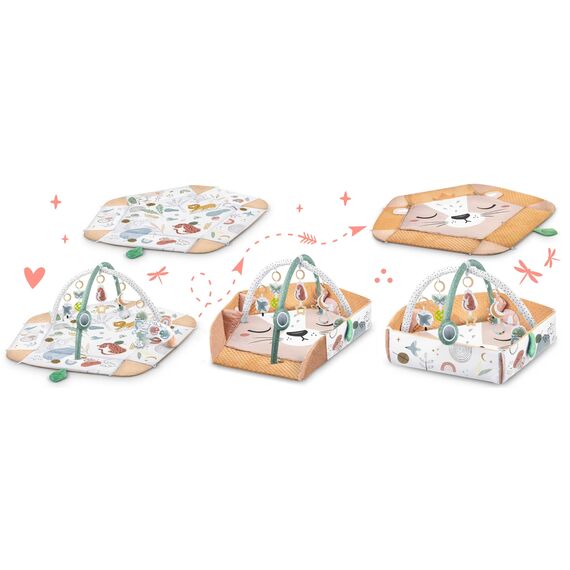 Nukido Spielbogen Baby Interaktiv - 5in1 Krabbeldecke Spielmatte - Krabbelmatte Laufstall Babynestchen für Neugeborene mit Bauchzeit-Kissen - 2 Bögen mit 7 Sensorik-Spielzeugen - Braun