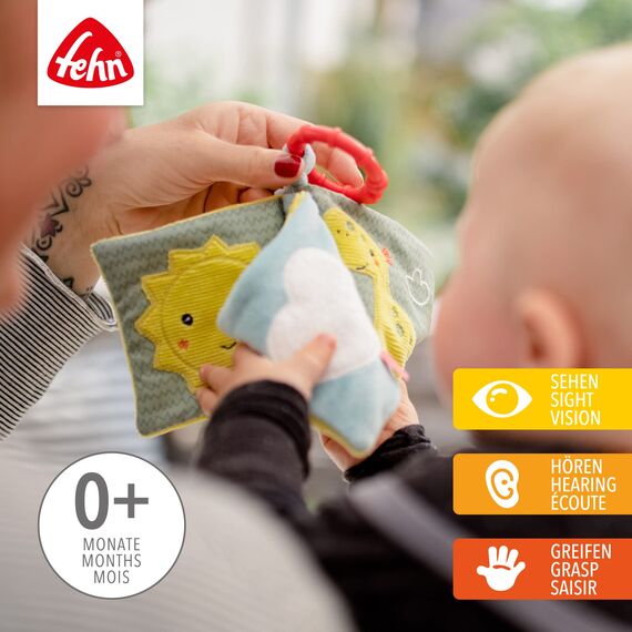 Fehn Soft Bilderbuch Happy Dino – Baby Fühlbuch aus Stoff mit Tier Motiven - Stoffbuch Spielzeug zum Aufhängen für Kinderwagen und Babyschale – Knisterbuch für Babys und Kinder ab 0+ Monaten