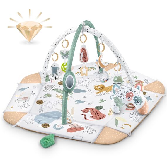 Nukido Spielbogen Baby Interaktiv - 5in1 Krabbeldecke Spielmatte - Krabbelmatte Laufstall Babynestchen für Neugeborene mit Bauchzeit-Kissen - 2 Bögen mit 7 Sensorik-Spielzeugen - Braun