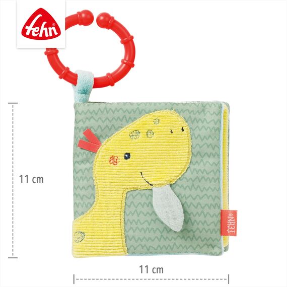 Fehn Soft Bilderbuch Happy Dino – Baby Fühlbuch aus Stoff mit Tier Motiven - Stoffbuch Spielzeug zum Aufhängen für Kinderwagen und Babyschale – Knisterbuch für Babys und Kinder ab 0+ Monaten