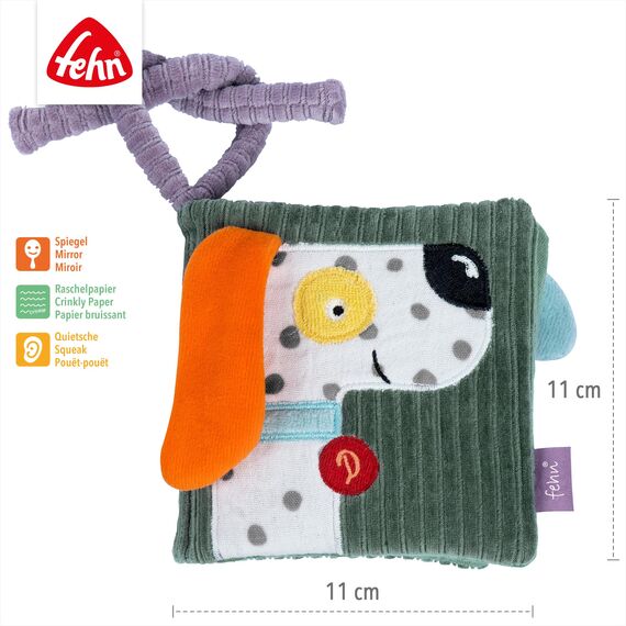 Fehn Stoffbuch Hund – Fühlbuch mit Tier-Motiven aus Baumwolle – 8 Seiten mit spannenden Farben und Funktionen zum Fühlen, Greifen und Staunen – Knister-Buch für zuhause und unterwegs ab 0+ Monaten