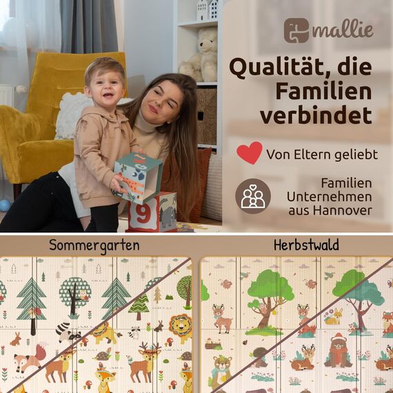 Mallie® Spielmatte Baby Faltbar inkl. Gratis Tragetasche 180x150x1cm [100% BPA- und Schadstoff-Frei] Doppelseitige Krabbelmatte Baby, Krabbeldecke Baby I Baby Play Mat, Spielmatte Baby Faltbar