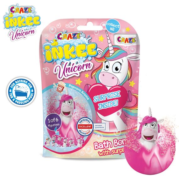 INKEE Unicorn | 8er Set Badebomben Kinder mit Überraschung, Badekugeln 8X 100g mit Einhornfiguren, Pop-Corn Duft