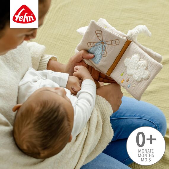 Fehn Stoffbuch Schaf – Bilderbuch aus Baumwolle – Knisterbuch fördert Sinne und Motorik – der optimale Begleiter für zuhause und unterwegs – für Babys ab Geburt