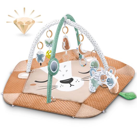 Nukido Spielbogen Baby Interaktiv - 5in1 Krabbeldecke Spielmatte - Krabbelmatte Laufstall Babynestchen für Neugeborene mit Bauchzeit-Kissen - 2 Bögen mit 7 Sensorik-Spielzeugen - Braun