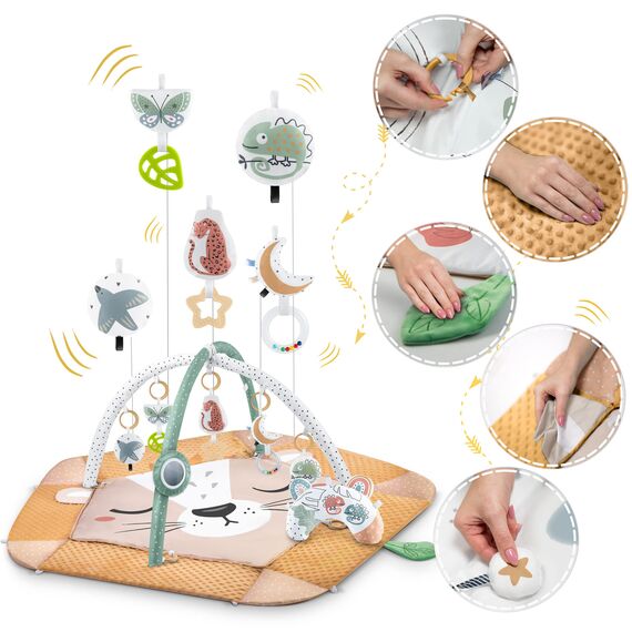 Nukido Spielbogen Baby Interaktiv - 5in1 Krabbeldecke Spielmatte - Krabbelmatte Laufstall Babynestchen für Neugeborene mit Bauchzeit-Kissen - 2 Bögen mit 7 Sensorik-Spielzeugen - Braun