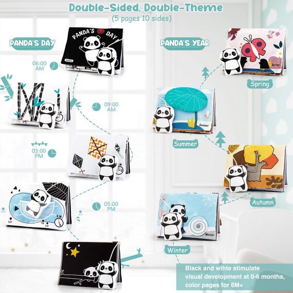 beiens Baby Spielzeug ab 3 Monate, Faltbarer Baby Spiegel Spielzeug mit Knisterbuch, Panda mit schwarz weiß kontrastbuch, Lernspielzeug Geschenk für Neugeborenes Spielzeug 0-6 Monate