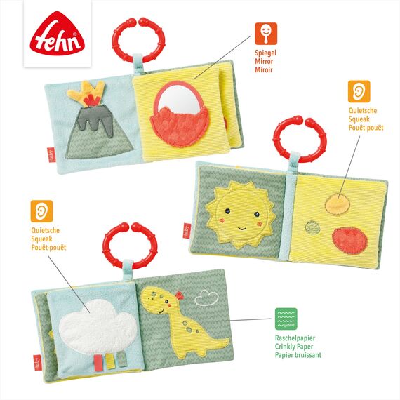 Fehn Soft Bilderbuch Happy Dino – Baby Fühlbuch aus Stoff mit Tier Motiven - Stoffbuch Spielzeug zum Aufhängen für Kinderwagen und Babyschale – Knisterbuch für Babys und Kinder ab 0+ Monaten
