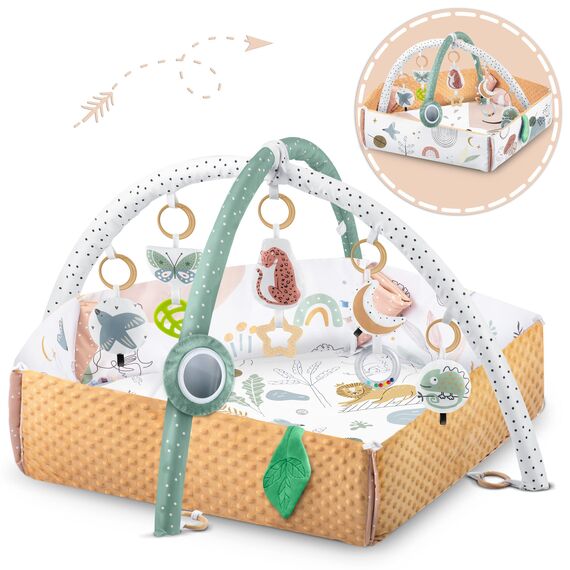 Nukido Spielbogen Baby Interaktiv - 5in1 Krabbeldecke Spielmatte - Krabbelmatte Laufstall Babynestchen für Neugeborene mit Bauchzeit-Kissen - 2 Bögen mit 7 Sensorik-Spielzeugen - Braun