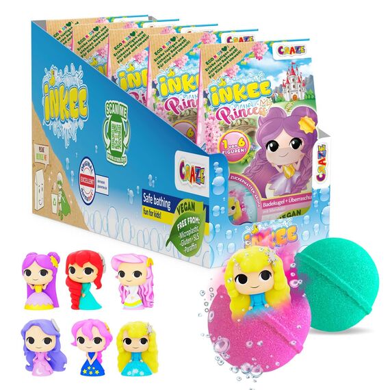 INKEE Surprise Princess Badebomben – 5er Pack Prinzessin Badekugeln mit Überraschungsfigur, Zuckerwatte-Duft & Mandelöl, dermatologisch getestet, 5x 100g