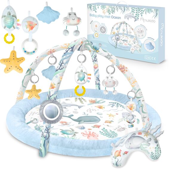 Nukido Spieldecke Mit Spielbogen Baby Spielmatte Babyspieldecke Krabbelmatte Krabbeldecke 7 Spielzeuge Und Kissen Weich Pflegeleicht Ocean Blau