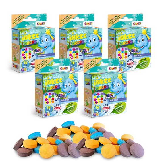 CRAZE INKEE Bath Drops | 5er Pack Badetabletten zum Farben Lernen, Badefarben für Kinder Badewanne - 80 Badekugeln Kinder mit Erdbeer-Duft, 1 Stück (5er Pack)