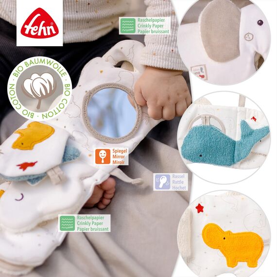 Fehn Soft Bilderbuch Elefant – Fühlbuch mit Bio Baumwolle Stoff mit Tier Motiven - Stoffbuch Spielzeug zum Aufhängen für Kinderwagen und Babyschale – Knisterbuch für Babys und Kinder ab 0 Monaten
