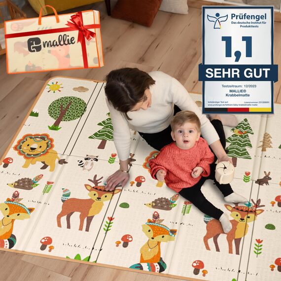 Mallie® Spielmatte Baby Faltbar inkl. Gratis Tragetasche 180x150x1cm [100% BPA- und Schadstoff-Frei] Doppelseitige Krabbelmatte Baby, Krabbeldecke Baby I Baby Play Mat, Spielmatte Baby Faltbar