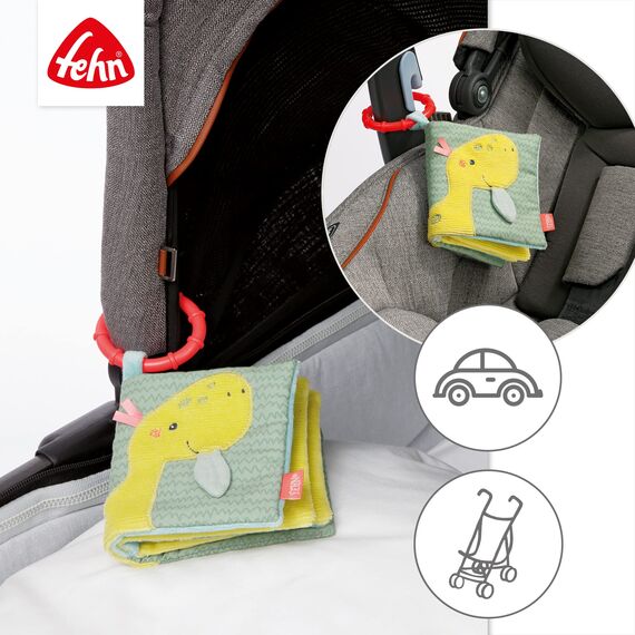 Fehn Soft Bilderbuch Happy Dino – Baby Fühlbuch aus Stoff mit Tier Motiven - Stoffbuch Spielzeug zum Aufhängen für Kinderwagen und Babyschale – Knisterbuch für Babys und Kinder ab 0+ Monaten