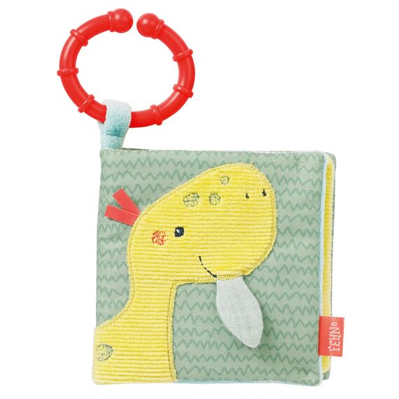Fehn Soft Bilderbuch Happy Dino – Baby Fühlbuch aus Stoff mit Tier Motiven - Stoffbuch Spielzeug zum Aufhängen für Kinderwagen und Babyschale – Knisterbuch für Babys und Kinder ab 0+ Monaten