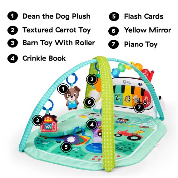 Baby Einstein Farm Explorers 4-in-1 Kickin' Tunes Musical Meadow Musik- & Sprachentdeckungs-Spielbogen, Spielmatte mit Kick-Piano, ab 0 Monaten