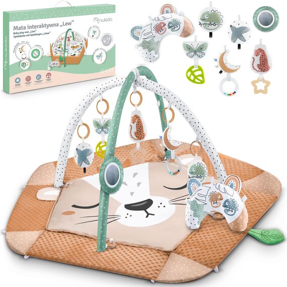 Nukido Spielbogen Baby Interaktiv - 5in1 Krabbeldecke Spielmatte - Krabbelmatte Laufstall Babynestchen für Neugeborene mit Bauchzeit-Kissen - 2 Bögen mit 7 Sensorik-Spielzeugen - Braun