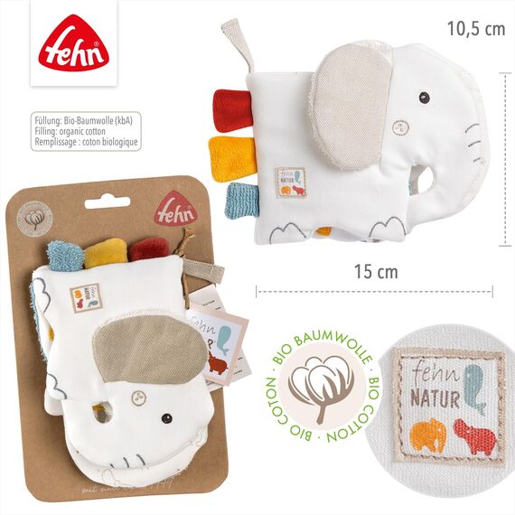 Fehn Soft Bilderbuch Elefant – Fühlbuch mit Bio Baumwolle Stoff mit Tier Motiven - Stoffbuch Spielzeug zum Aufhängen für Kinderwagen und Babyschale – Knisterbuch für Babys und Kinder ab 0 Monaten