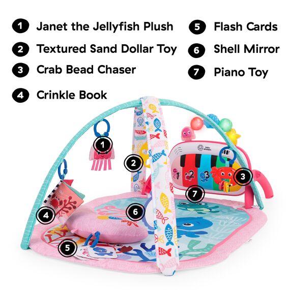 Baby Einstein Ocean Explorers 4-in-1 Spielbogen Baby Spielmatte mit Kick Piano, Musik- & Sprachförderung, Sensorikspielzeug, Lichter & Klänge, Für Neugeborene +, Rosa (Jellyfish Jamboree)