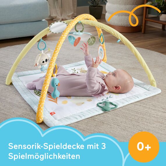 Fisher-Price Simply Senses Sensorische Erlebnisdecke - mit Plüsch-Koala, Spiegel, Rassel, Beißring und knisterndes Spielzeug, maschinenwaschbare Spielmatte, für Neugeborenen, HRB15