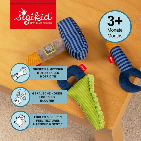 sigikid Baby Rassel & Greiflinge Werkzeug Set Play & Cool - Babyspielzeug Motorik Knisterfolie Quietsche Rassel - Geschenk ab 3 Monaten, waschbar bei 30 °C