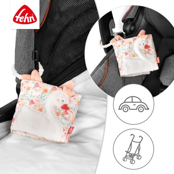 Fehn Soft Bilderbuch Schwanensee – Baby Fühlbuch aus Stoff mit Tier Motiven - Stoffbuch Spielzeug zum Aufhängen für Kinderwagen und Babyschale – Knisterbuch für Babys und Kinder ab 0+ Monaten