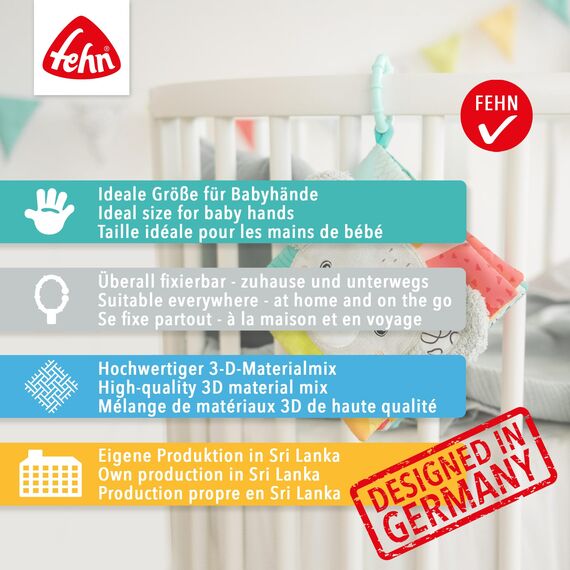 Fehn Soft Bilderbuch Happy Dino – Baby Fühlbuch aus Stoff mit Tier Motiven - Stoffbuch Spielzeug zum Aufhängen für Kinderwagen und Babyschale – Knisterbuch für Babys und Kinder ab 0+ Monaten