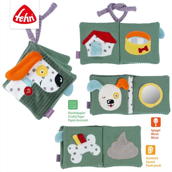Fehn Stoffbuch Hund – Fühlbuch mit Tier-Motiven aus Baumwolle – 8 Seiten mit spannenden Farben und Funktionen zum Fühlen, Greifen und Staunen – Knister-Buch für zuhause und unterwegs ab 0+ Monaten