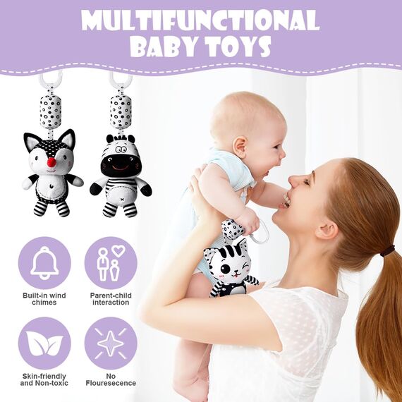 Aolso Kinderwagen Spielzeug, 3Pcs hängendes Rasselspielzeug, schwarz-weißes Spielzeug, Baby-Hängespielzeug, Neugeborenes Autositz-Spielzeug für Jungen und Mädchen (Fuchs/Kätzchen/Zebra)