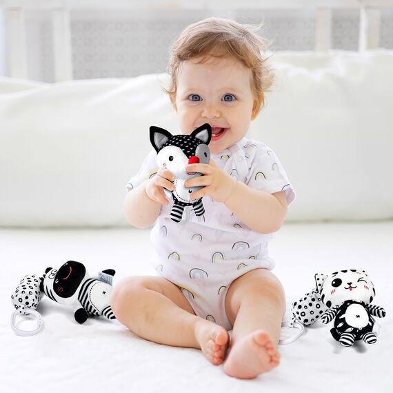Aolso Kinderwagen Spielzeug, 3Pcs hängendes Rasselspielzeug, schwarz-weißes Spielzeug, Baby-Hängespielzeug, Neugeborenes Autositz-Spielzeug für Jungen und Mädchen (Fuchs/Kätzchen/Zebra)