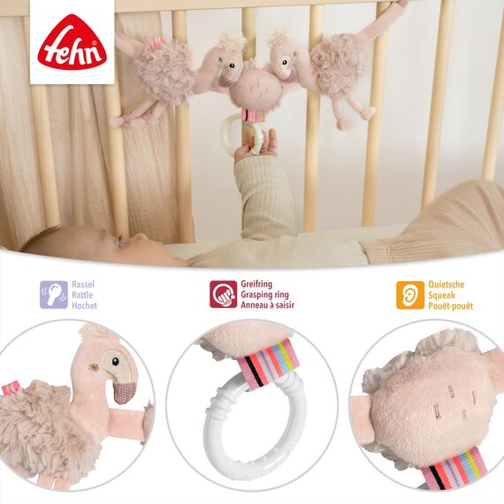 Fehn Kinderwagenkette Flamingo – Mobile-Kette mit niedlichen Flamingo-Figuren zum flexiblen Aufhängen an Kinderwagen, Babyschale, Bettchen, Wiege, Spielbogen für Babys und Kleinkinder ab Geburt