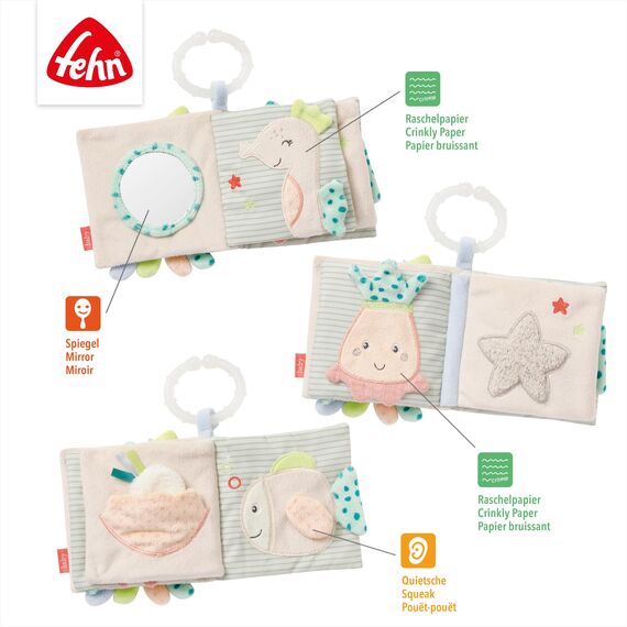 Fehn Fühlbuch Oktopus - Buggybuch aus Stoff mit Meerestier Motiven - Babyspielzeug Buch mit Quietsche, Raschelpapier und Spiegel - Babybuch 8 Seiten - Stoffbuch für Babys und Kleinkinder ab 0+ Monaten