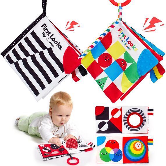 hahaland Kontrastkarten Baby Spielzeug 0 3 6 Monate, Schwarz Weiß Kontrasten Baby Buch für Neugeborene, Soft Bilderbuch Stoffbuch mit Spiegel, Kinderwagen Visuelle Stimulieren Babybuch Geschenk 2PCS
