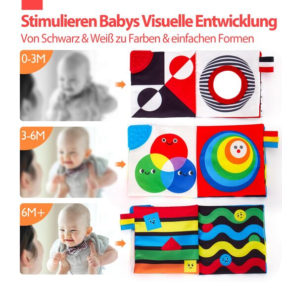 hahaland Kontrastkarten Baby Spielzeug 0 3 6 Monate, Schwarz Weiß Kontrasten Baby Buch für Neugeborene, Soft Bilderbuch Stoffbuch mit Spiegel, Kinderwagen Visuelle Stimulieren Babybuch Geschenk 2PCS