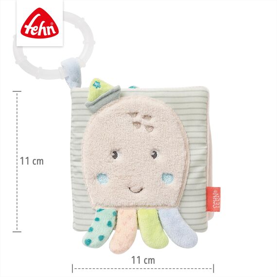 Fehn Fühlbuch Oktopus - Buggybuch aus Stoff mit Meerestier Motiven - Babyspielzeug Buch mit Quietsche, Raschelpapier und Spiegel - Babybuch 8 Seiten - Stoffbuch für Babys und Kleinkinder ab 0+ Monaten