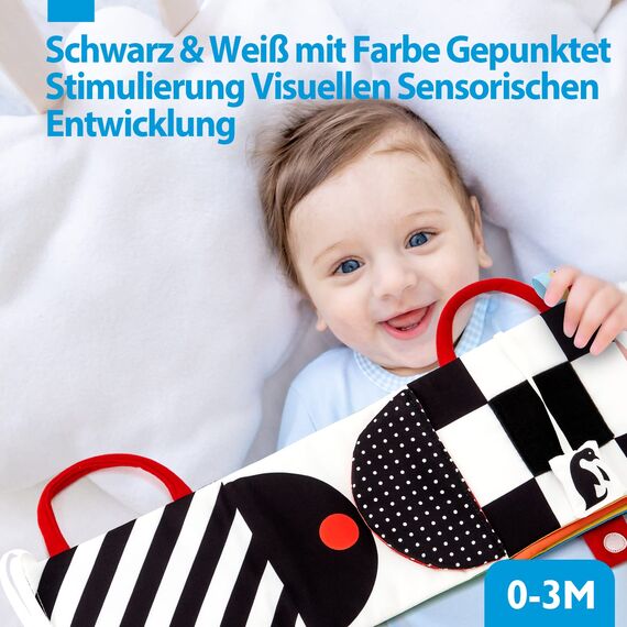 hahaland Stoffbuch Baby Spielzeug ab 0 6 Monate Schwarz Weiß Buch mit Spiegel,Kontrast Stoffbücher 0 Monate Baby Bücher Kinderwagen Spielzeug ab 0 3 6 12 Monate Geschenk für Jungen Mädchen
