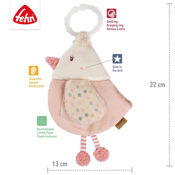 Fehn Stoffbuch Vogel – Fühlbuch in Vogel-Form: 4 Seiten in zarten Farben und mit spannenden Funktionen zum Fühlen und Greifen - für zuhause & unterwegs für Babys und Kleinkinder ab 0+ Monaten